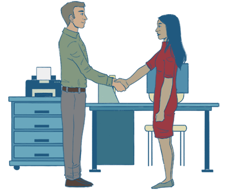 A imagem mostra um homem e uma mulher se cumprimentando, dando as mãos em um ambiente de escritório.